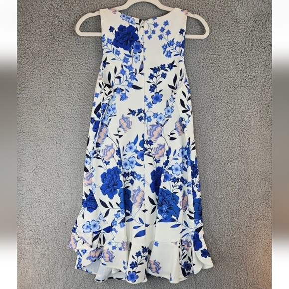 Eliza J Womens A Line Dress sz 12 White Blu Floral Ruffle Hem Church Date Night - Picture 7 of 11